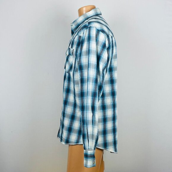 Vtg 90s Wrangler Yoke Pearl Snap Western Shirt Sz XL Blue Plaid Cowboy Ranch - Picture 5 of 6
